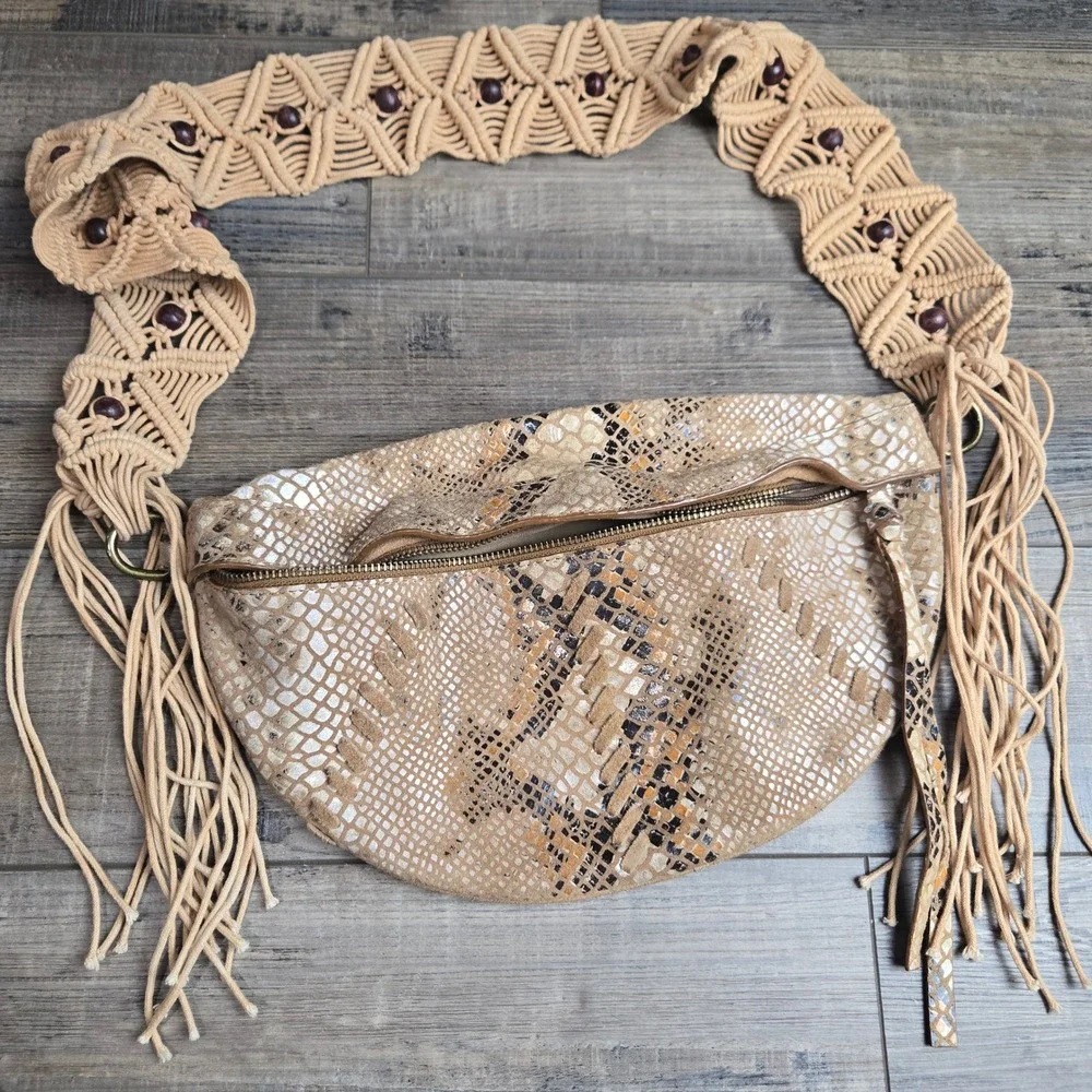 Free People Suede Snakeskin Macrame Sling Fringe Bag Tan Crossbody Purse Leather